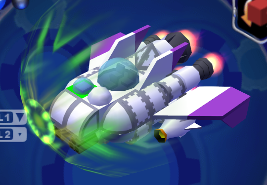 The white and purple spaceship now enhanced with extra components such as engines and radar, and with grey trim on some parts representing that thye are stronger.