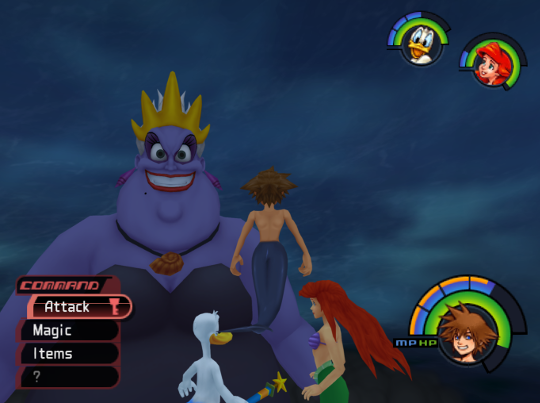 Sora, Donald and Ariel face Ursula, a giant purple woman who's half octopus, and here is enormous and wearing a gold tiara.