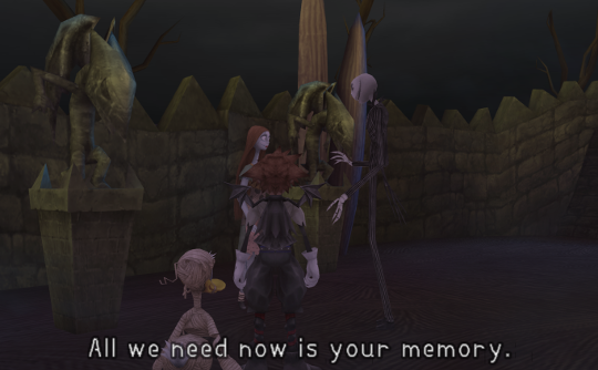 Sora, Donald and Jack Skellington speaking to Sally the ragdoll, with Jack saying 'All we need now is your memory'.
