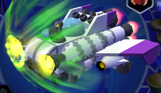 The third iteration of the white and purple spaceship, now with a grabbing arm and large headlamps and even more engines.