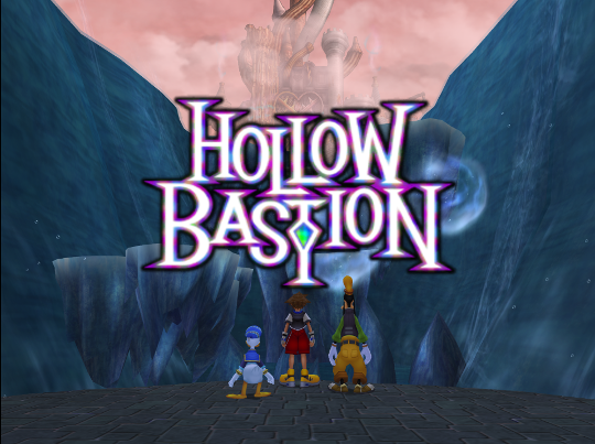 Sora, Goofy and Donald stand at the base of a large series of floating rocky platforms, with a distant castle and text reading 'Hollow Bastion' in spiky, purple-outlined letters.