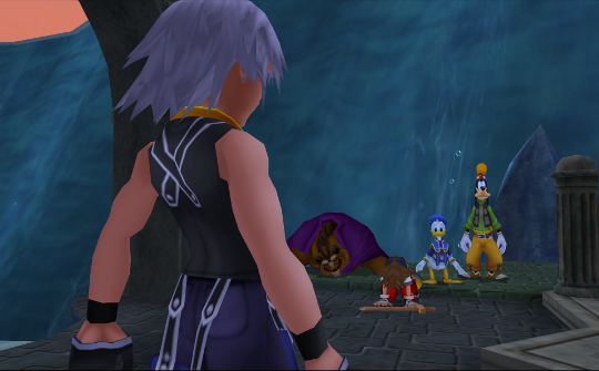 Riku facing a collapsed Sora and Beast, while Donald Duck and Goofy look vacantly on.