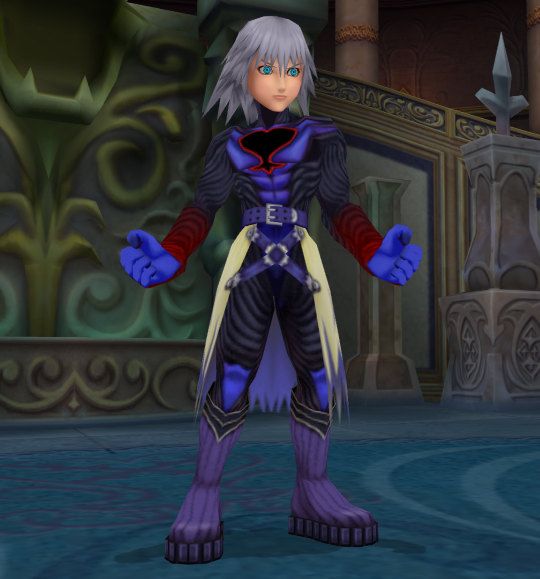 Riku, now in a purple, black and red outfit with incongruous blue hands. The outfit is lined as if it is muscled.