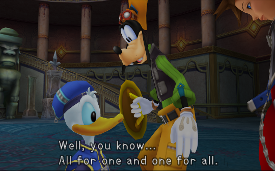 Goofy saying to Donald 'Well, you know... All for one and one for all.'
