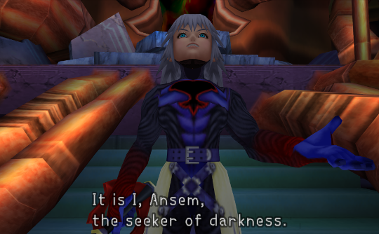 Riku grandly declaring 'It is I, Ansem, the seeker of darkness.'