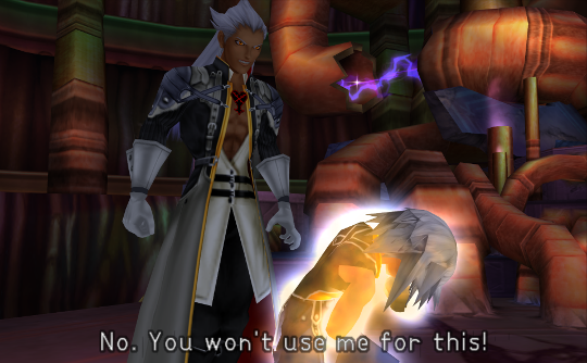 A glowing Riku saying 'No. You won't use me for this!'