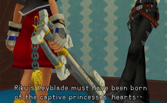 A shot of Sora and Squall's legs. Squall is saying 'Riku's Keyblade must have been born of the captive princesses' hearts--'