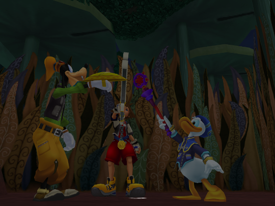 Goofy, Sora and Donald in a circle holding up their weapons towards the centre, above a white mark on the ground.