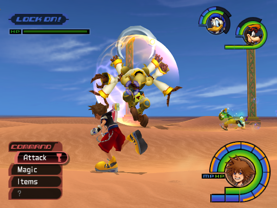 The boss hovering in the air, surrounded by a pink bubble. Its health bar is barely dented.