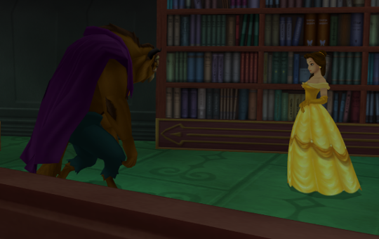 The Beast meeting Belle, who's wearing a yellow dress, in a library.