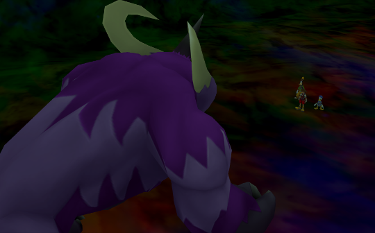 In a dark, colourful room, a huge purple horned beast faces Sora, Donald and Goofy.
