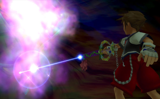 Sora shooting a beam from his Keyblade, producing pink sparkles.