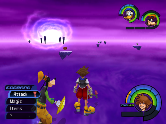 Sora and Goofy standing in a vast purple void with an invisible floor. Floating rocks with items on can be seen in the distance, and behind them, a large glowing purple spiral.