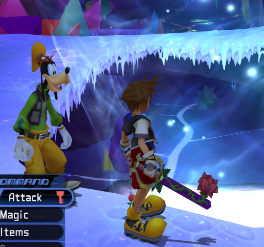 Sora and Goofy facing an icy hole with a white vortex.