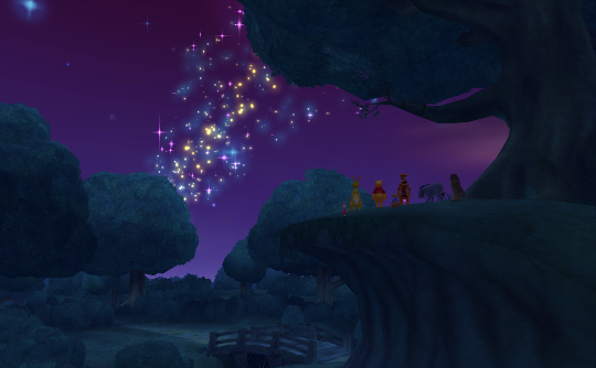 Sora and the characters of Winnie the Pooh on a small cliff looking out at a starry sky.