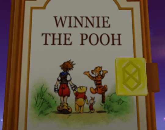 The cover of the book Winnie the Pooh, but with Sora taking the place of Christopher Robin in the original illustration, walking down a path with Pooh, Piglet and Tigger.