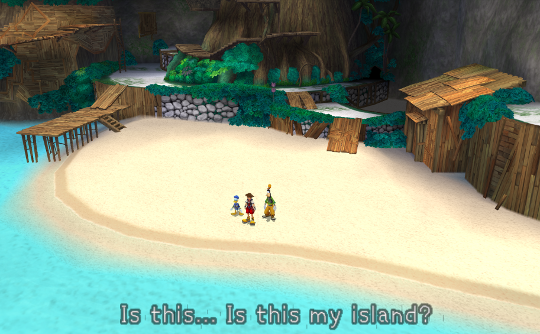 Sora, Donald and Goofy on the tropical island from the start of the game.