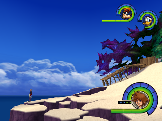 Riku standing looking out to sea on a fragmented beach, with purple material replacing vegetation in the background.