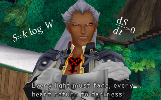 Ansem saying 'Every light must fade, every heart return to darkness', with equations of entropy added around his head.
