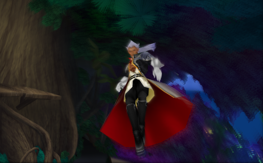 Ansem floating up into a tree, his cloak spreading out to show the red lining.
