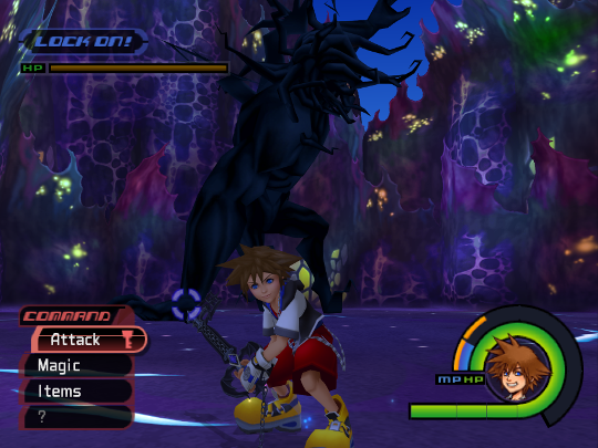 Sora in the large purple cavity, fighting a big Heartless with a tentacled face.