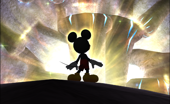 The silhouette of Mickey Mouse, with a brilliant halo of light behind him.