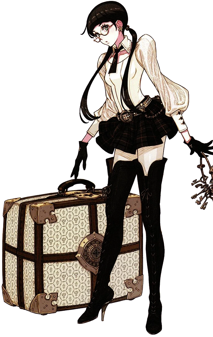 Accord, a girl (in fact an android) in thigh-high boots, a short black skirt, a lacy shirt, and a short tie. She has round glasses and black hair in two ponytails. In one hand, she carries a bunch of keys; in the other, a gigantic white suitcase printed with a trident motif.