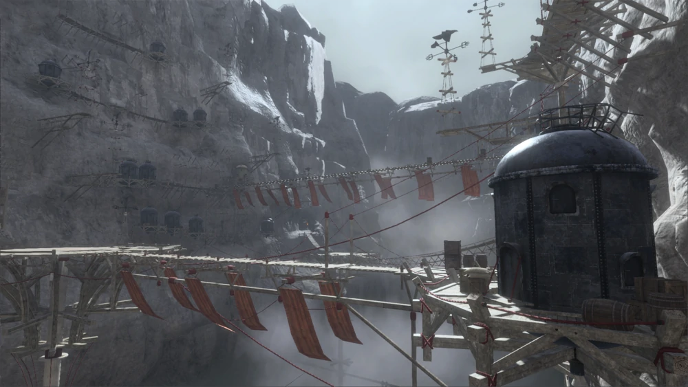 Promotional screenshot depicting the Aerie, a bleak zone of cylindrical shells attached to the sides of a ravine, criss-crossed by wooden bridges.