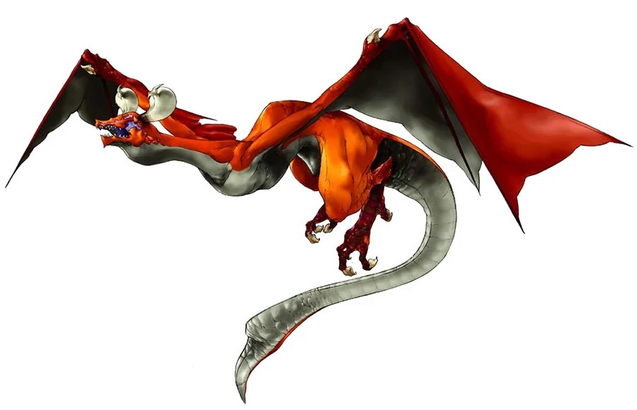 The red dragon, Angelus, from Drag-on Dragoon, in her first form. She has a white underbelly, a fairly skinny body, and horns that grow in width and curve forwards.