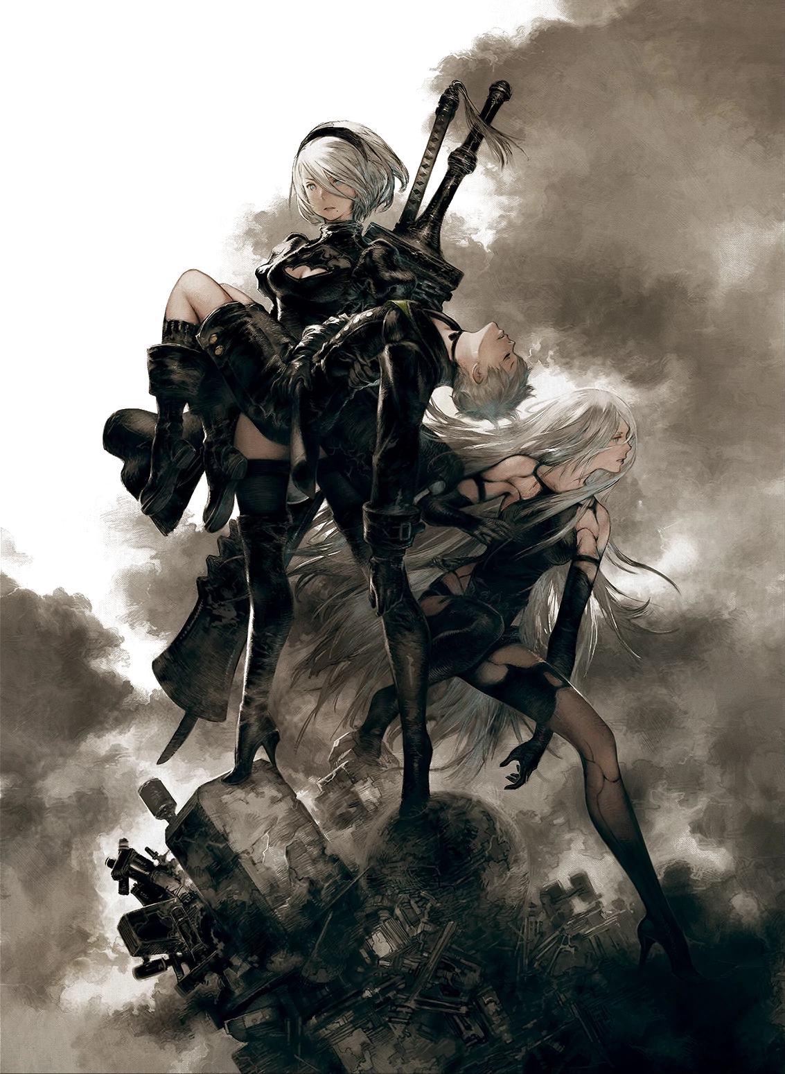 The protagonists of NieR Automata: 2B, A2 and 9S, as depicted on the cover of the Game of the YoRHa edition.