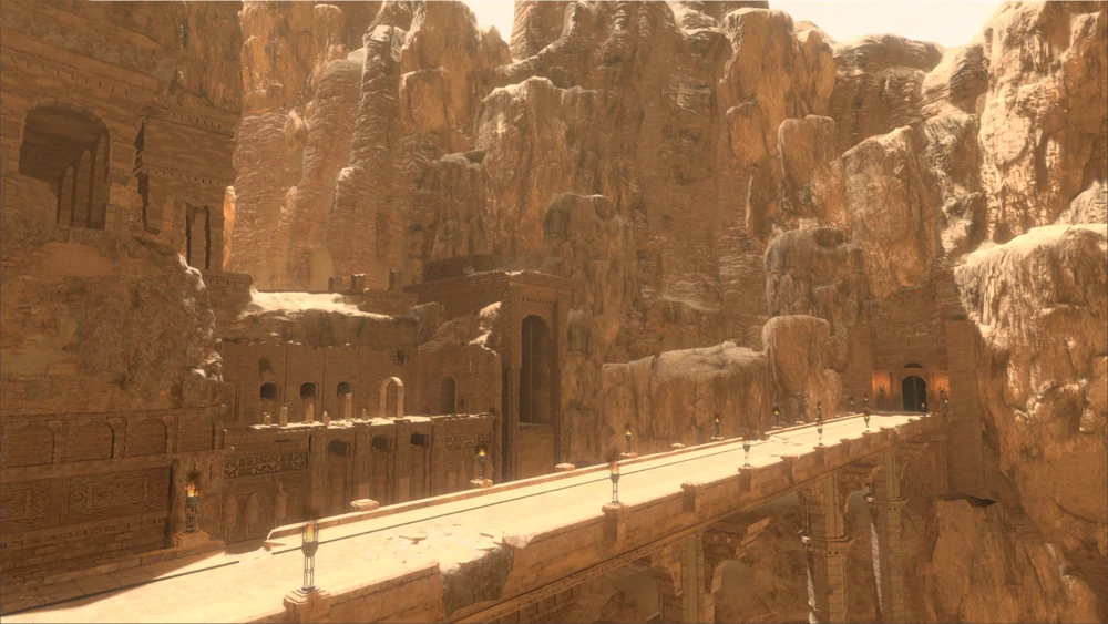 The bridge in the depths of the Barren Temple, as ween in the Replicant remake. A large structure made of sand-coloured stone, slightly damaged. A long, brightly lit bridge spans the foreground