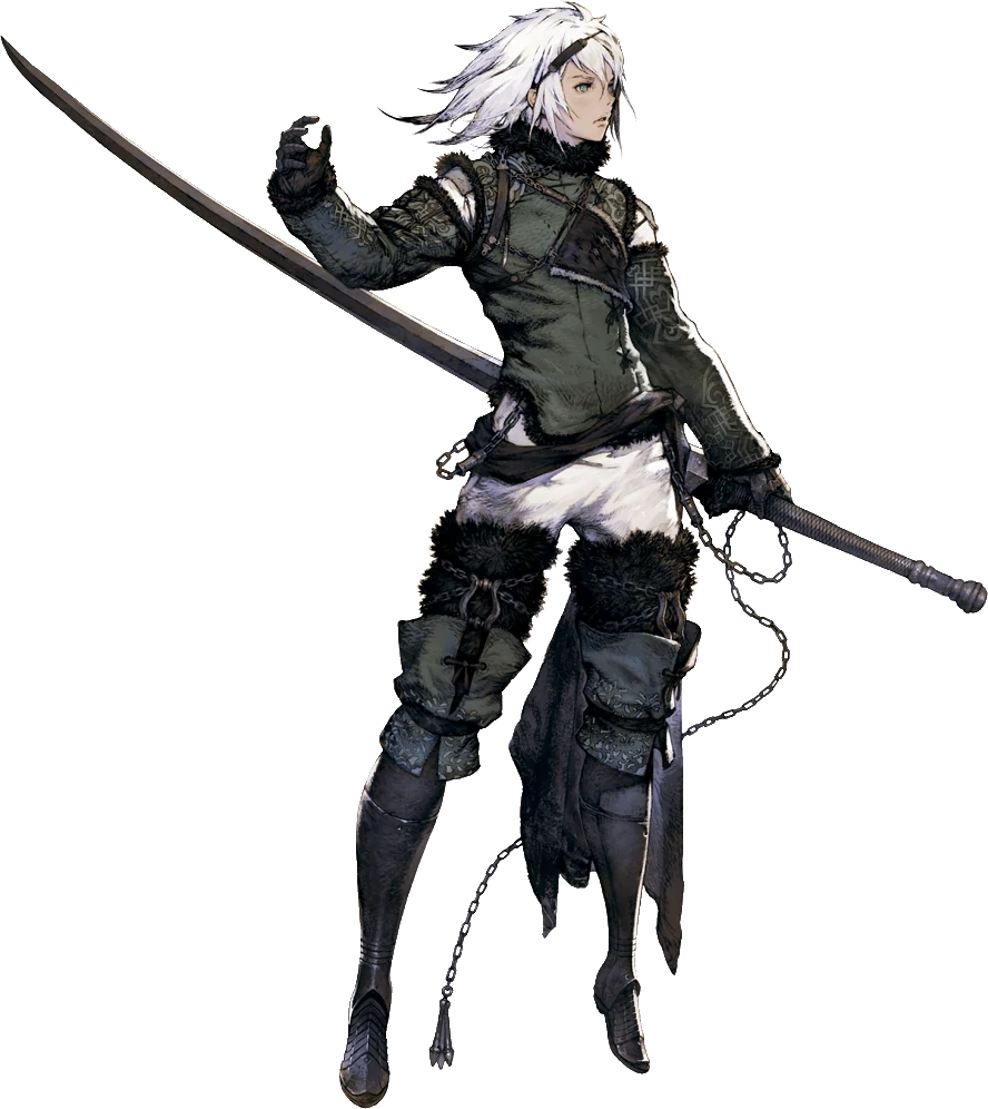The older version of Brother Nier, as illustrated in the remake of Replicant. He now has long arm-guards, a fur lining around his neck, and bunch longer boots also lined with fur, and holds a very long sword.