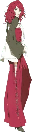 The android Devola, a woman with messy red hair, wearing a likewise red outfit and a white tunic.