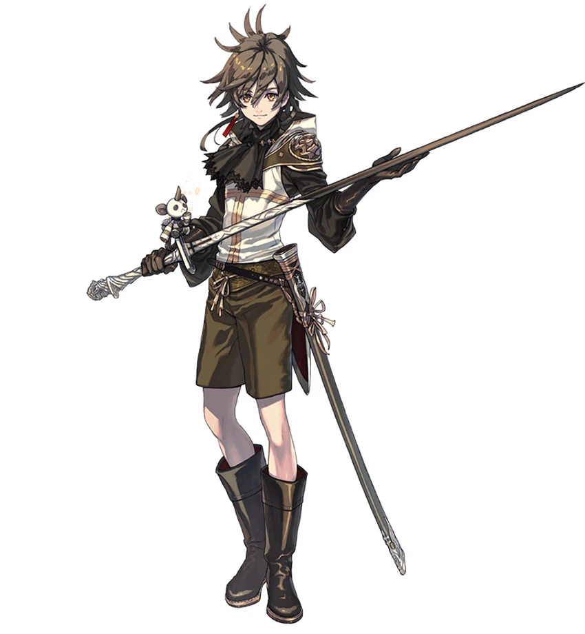 The disciple Dito, who looks like a young boy in a white waistcoat, black sleeves, cravat, and gloves, and brown shorts, holding a rapier.