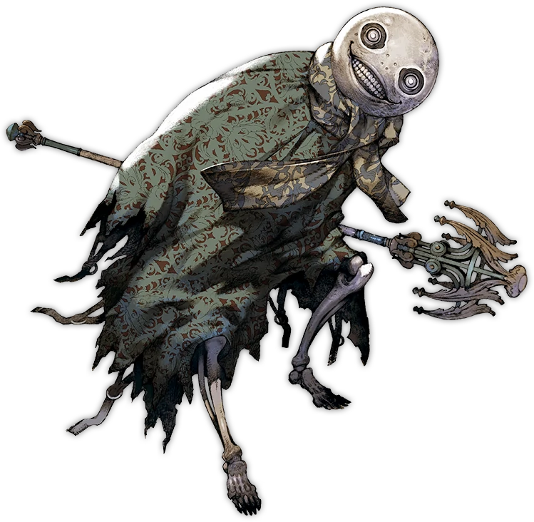 Emil as depicted in the Replicant remake after merging with Halua. He has large spherical skull-like face with a stylised grin. A robe and scarf hang below it concealing Emil's skeleton so we can just see his feet. He holds the same intricate jellyfish-like staff as before.