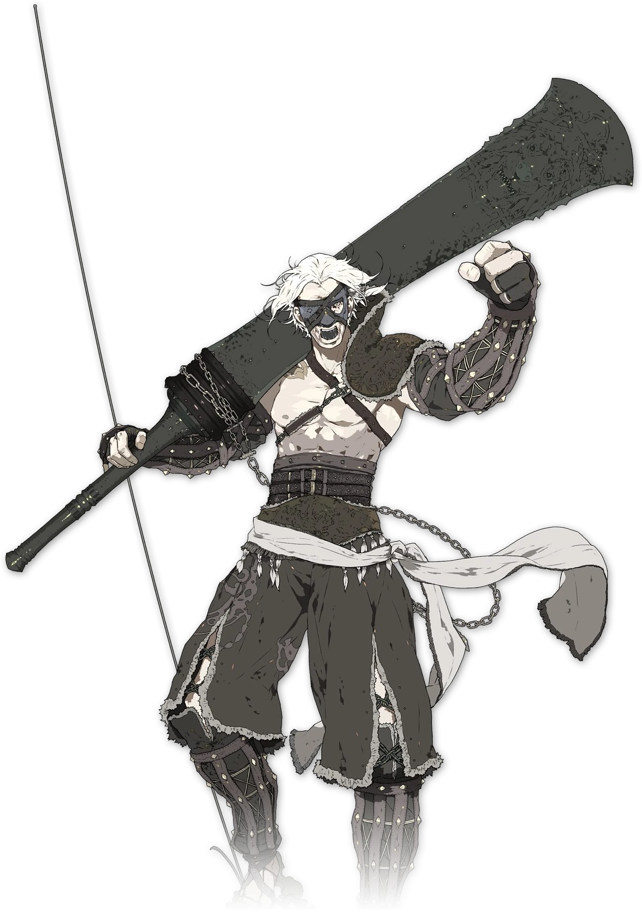 Father Nier as he appears in the first half of the game. His chest is bare except for a large cloth shoulder pad, and he holds an enormous sword.