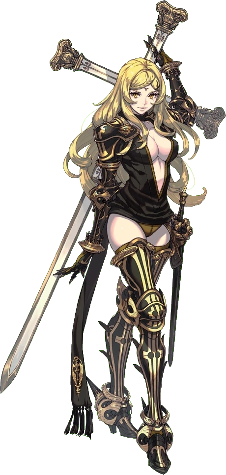 The intoner Five, holding a long cross-shaped spear. She wears a low-cut, blcak and yellow outfit and thigh-high armoured leggings and arm guards. She has long blond hair down to her hips, and a tiny Roman numeral V on her forehead.