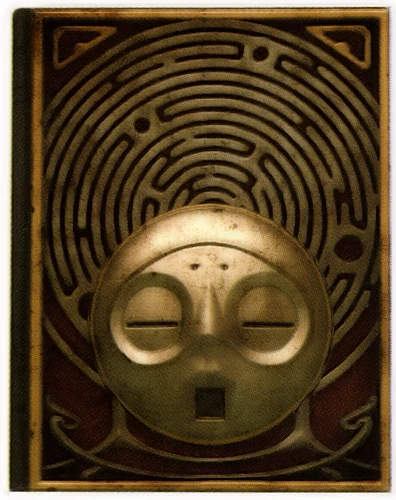 The cover of Grimoire Rubrum, a red book with a labyrinth and a circula face, with slit eyes and a square mouth.