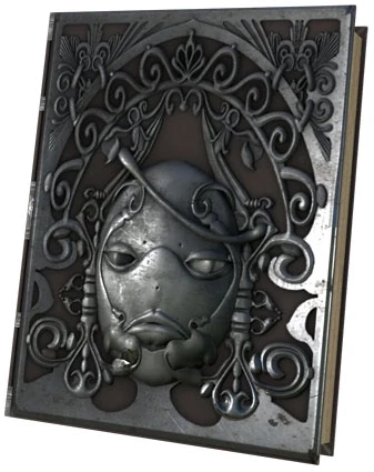 Grimoire Weiss, a book with an ornately decorated cover and a frowning, oval-shaped face at the centre.