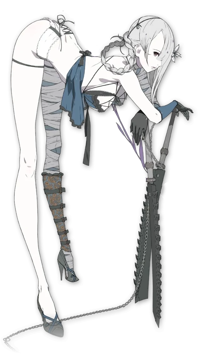 Kainé, a woman wearing white underwear with bandages over her left arm and left leg. She holds two serrated sword. There is a white flower in her hair.