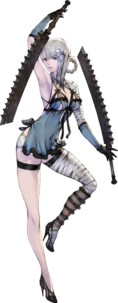 Kainé, as illustrated in the remake of Replicant. She has white hair done up in a complex braid and decorated with a white flower (a Lunar Tear). Her outfit is basically skimpy white lingerie, covering her torso but not much else. She carries two long serrated swords. Her left arm and leg are tightly wrapped in bandages.
