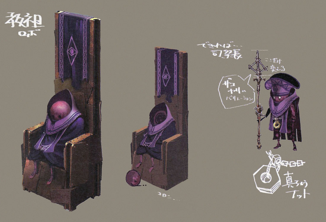 Concept art of Kierkegaard, showing him with and without his head on his throne.