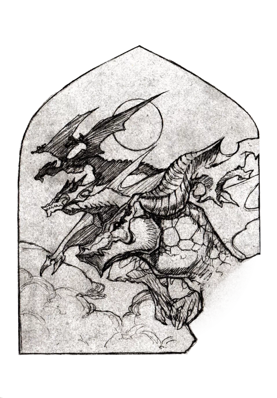 Pencil drawing of several dragons in the DoD style, one of them Michael.