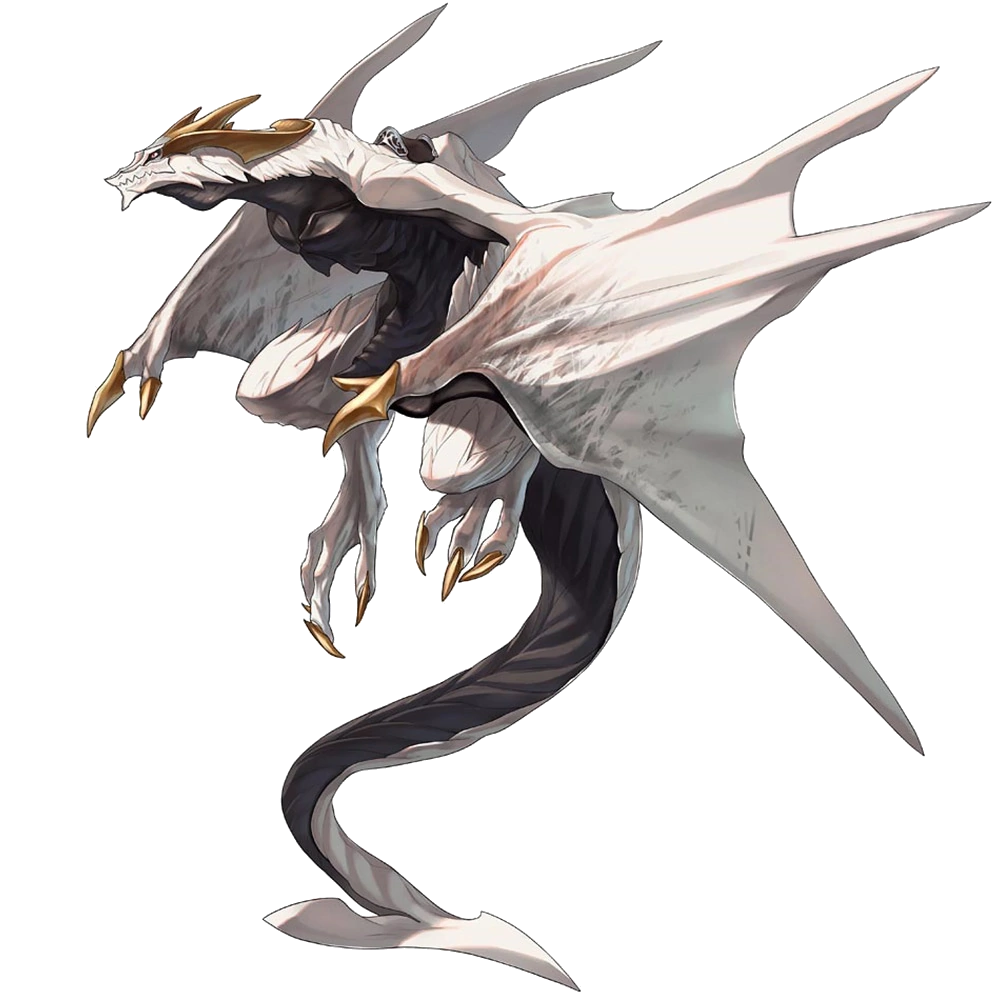 An evolved version of the white dragon Mikhail, with larger little horns and spinier wings, and a triangular pointy bit on his tail.