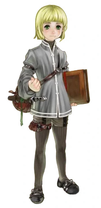 Seere from Drag-on Dragoon, a child with blonde hair carrying a book under one arm, wearing a short grey tunic and long medieval-style stockings as well as a small satchel.