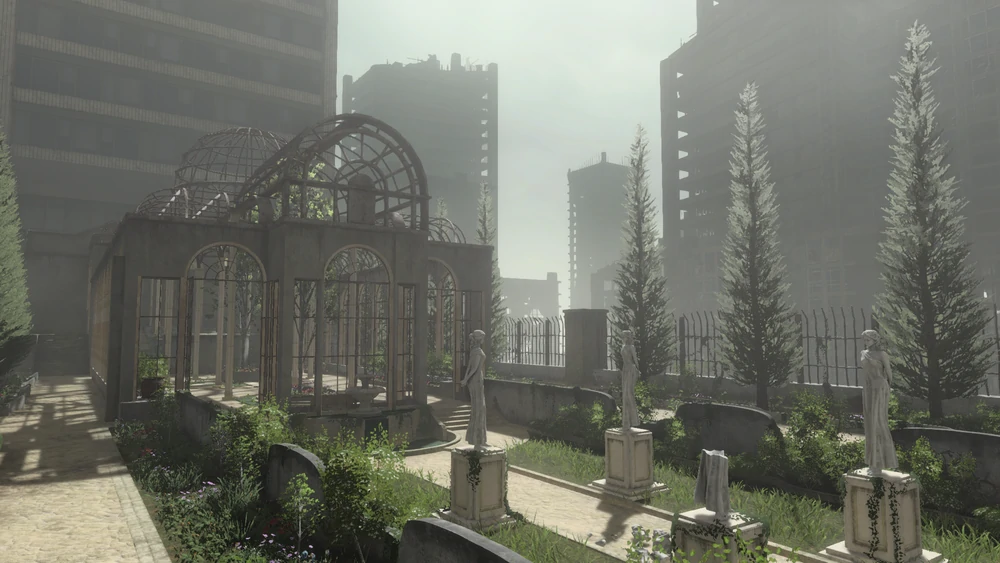 Screenshot of the outside of the Shadowlord's 'castle', a garden with a somewhat dilapidated greenhouse under an overcast sky.