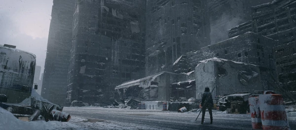 A ruined cityscape, covered in a white powder that resembles snow.