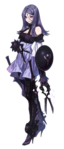 The intoner Three, who wears a short dress and long boots in entirely violet tones. She has a flat, sad expression and shoulder-length blue hair. In each of her hands, she holds a pair of wicked-looking scissors, and she also has two sheathed curved swords.