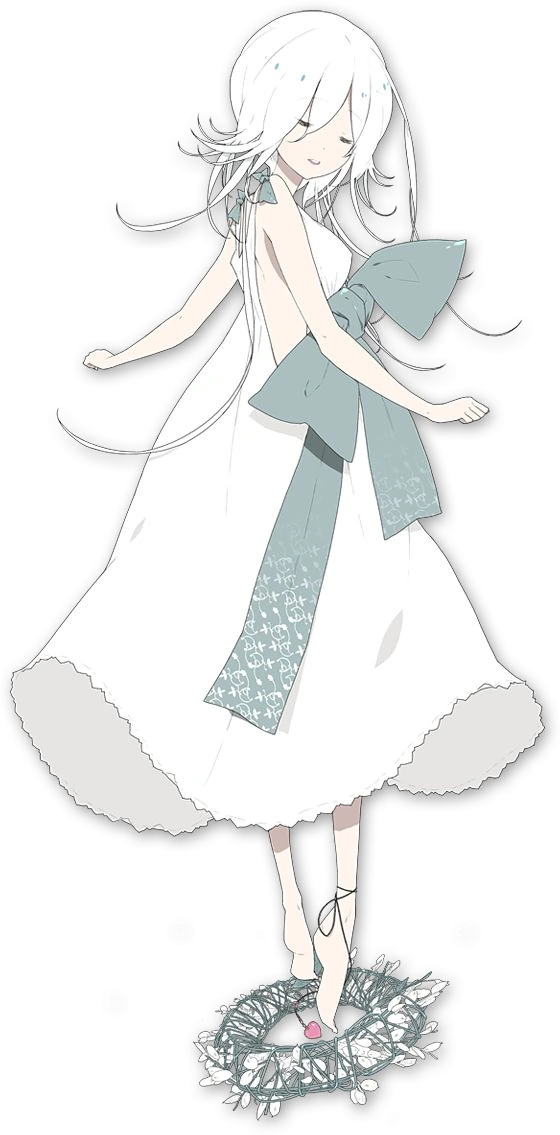 Yonah, a young girl in a simple white dress with a large bow.