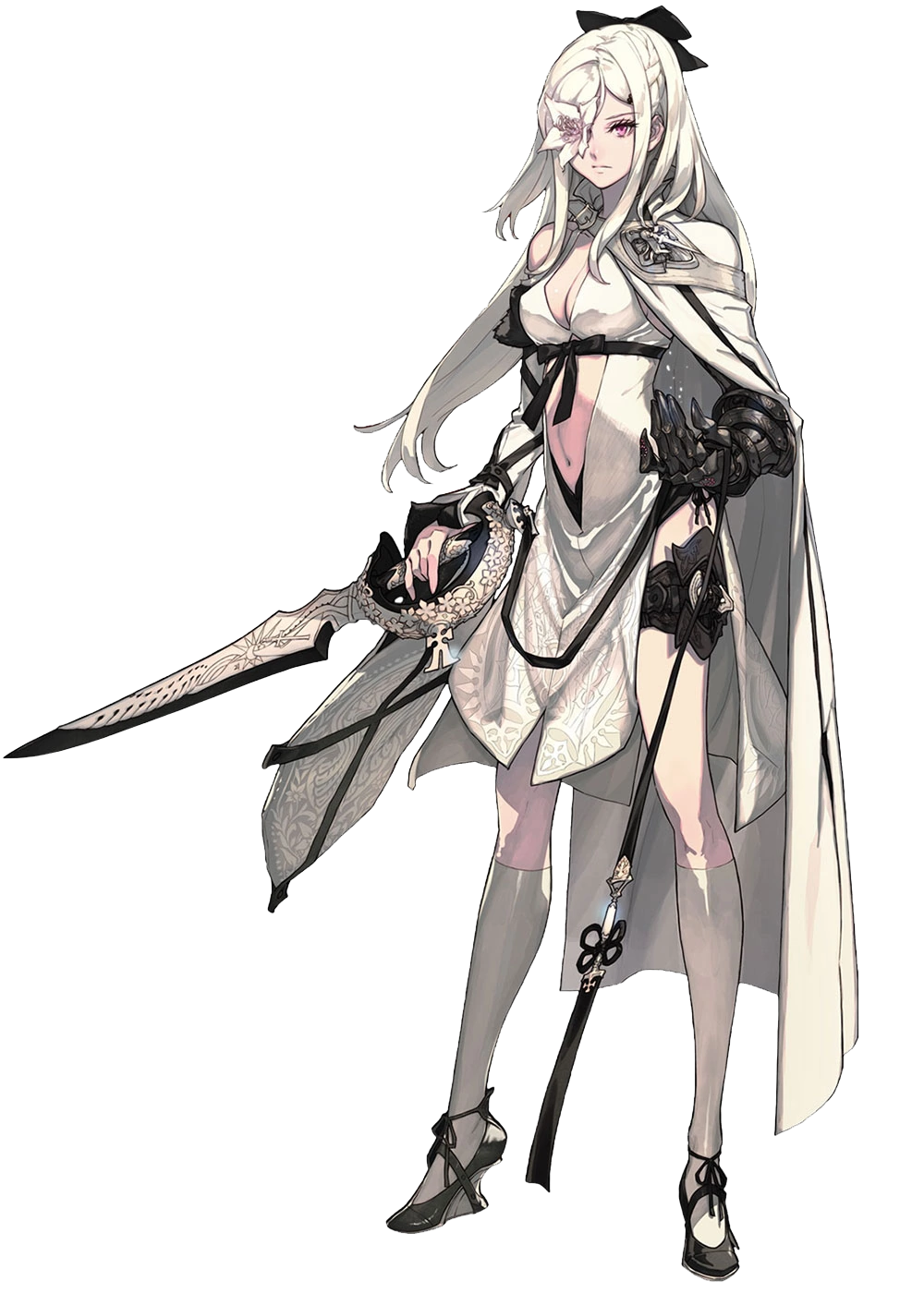 Official portrait of Zero, a thin pale-skinned girl with white hair, wearing a revealing white dress and shoulder cloak with black ribbons and a bow in her hair. She has a black mechanical arm and a pinkish-white flower growing out of her right eye. She is holding a slightly curving saber, also white like most of her outfit, and her expression is serious and sad.